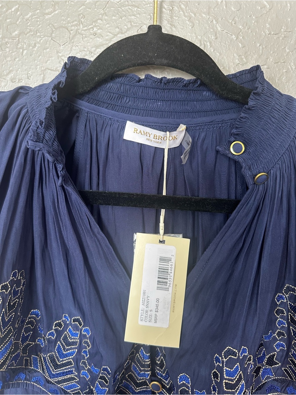 Ramy Brook Navy Embroidered Ruffle Button-Front Top - Picture 2 of 3